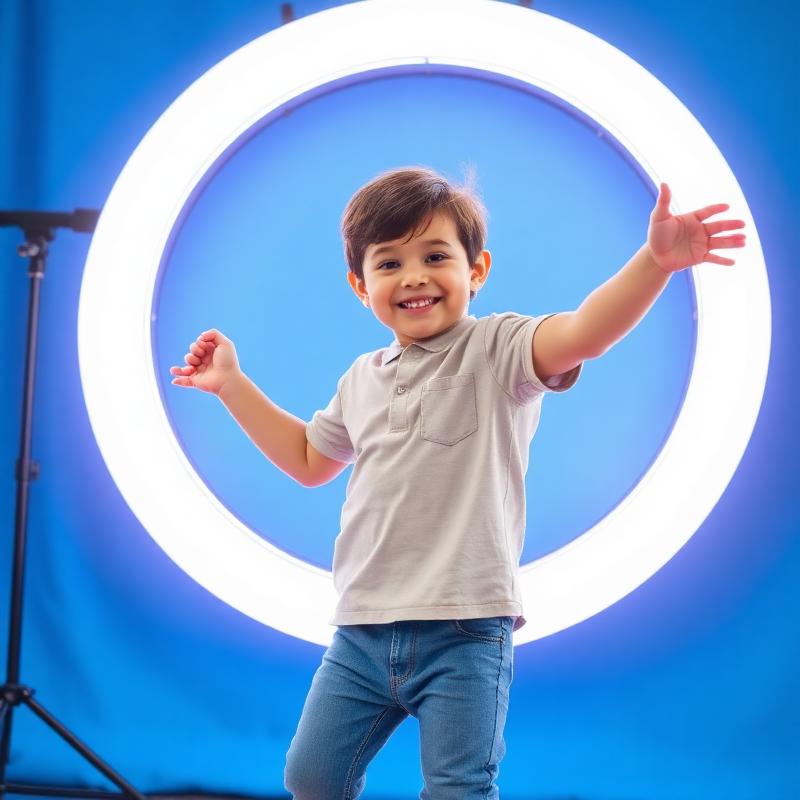 Kid dancing in front of a ring light